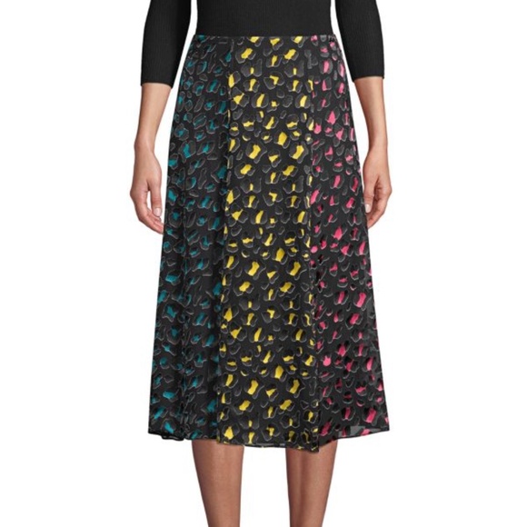 $330 Alice+Olivia Jenessa Silk-Blend Ab6stract Midi Skirt Size 6